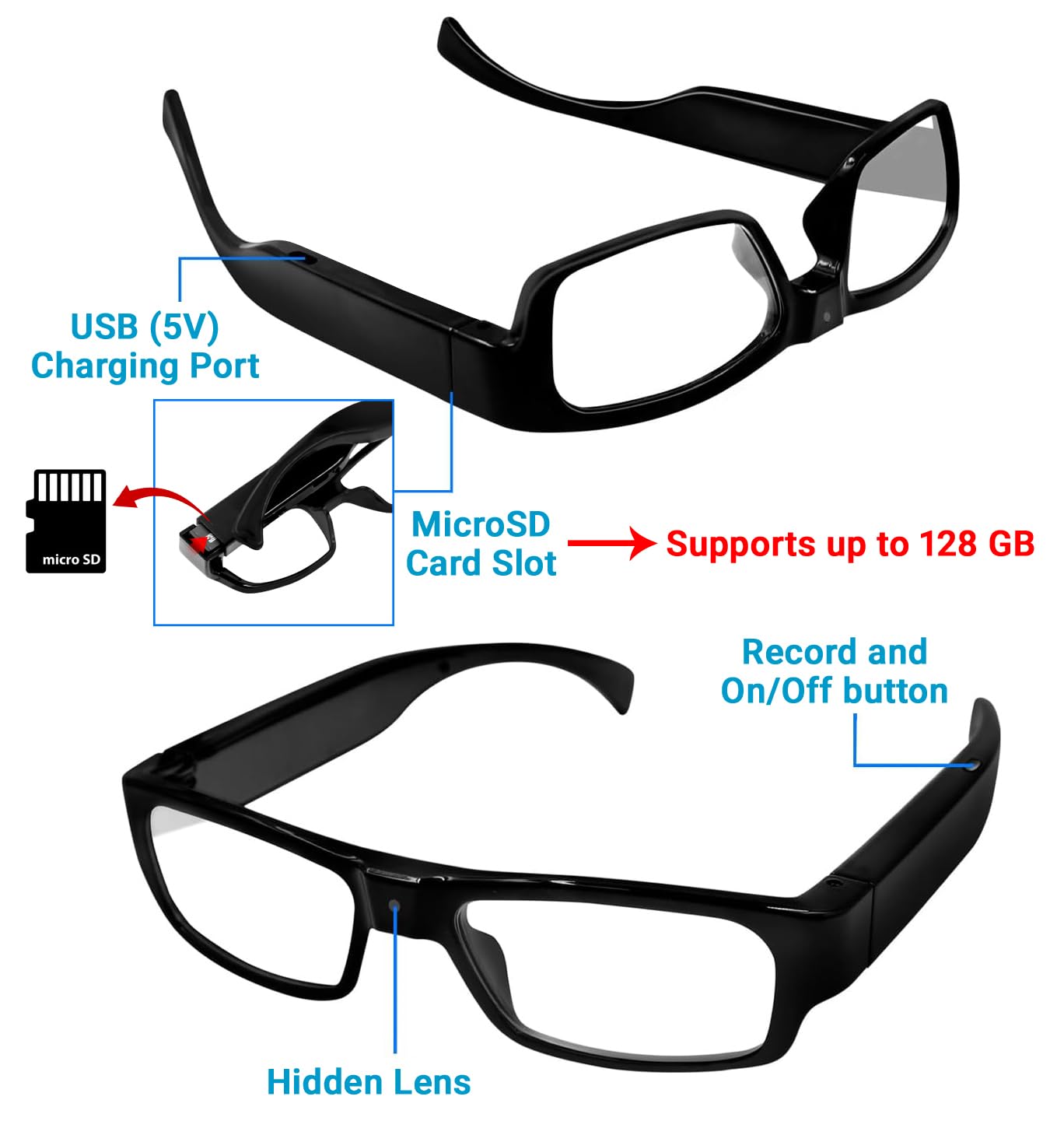 Eye4Spy Hidden Camera Glasses – 1080P HD Wearable Mini Spy Eyewear for Personal Security | Rechargeable - 100 Minutes Backup | Supports microSD Card up to 128GB (Card not Included)