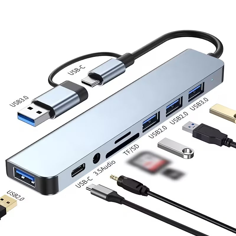 8-in-2 Multi-Function Hub – USB 3.0, Type-C & SD Card Reader with Audio Jack