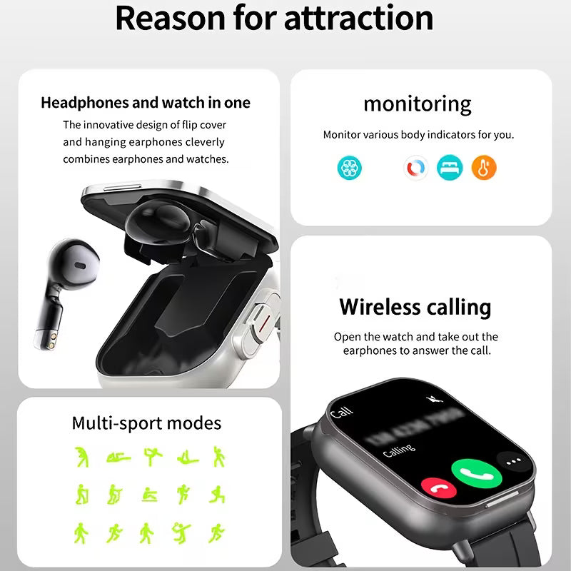 2-in-1 Smartwatch with Built-In TWS Earphones | Wireless Charging | HD Display | Sports Modes