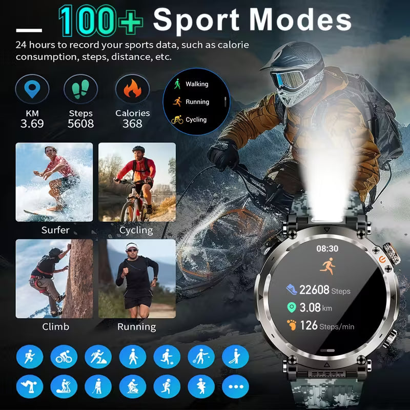 Outdoor Sports Smartwatch 1.7-Inch with 100+ Sports Modes, Bluetooth 5.0, Compass &amp; Super Flashlight
