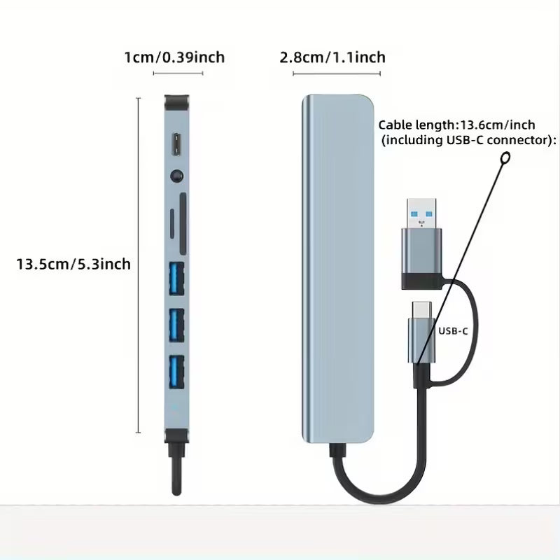 8-in-2 Multi-Function Hub – USB 3.0, Type-C & SD Card Reader with Audio Jack