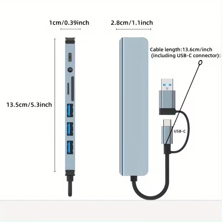 8-in-2 Multi-Function Hub – USB 3.0, Type-C & SD Card Reader with Audio Jack