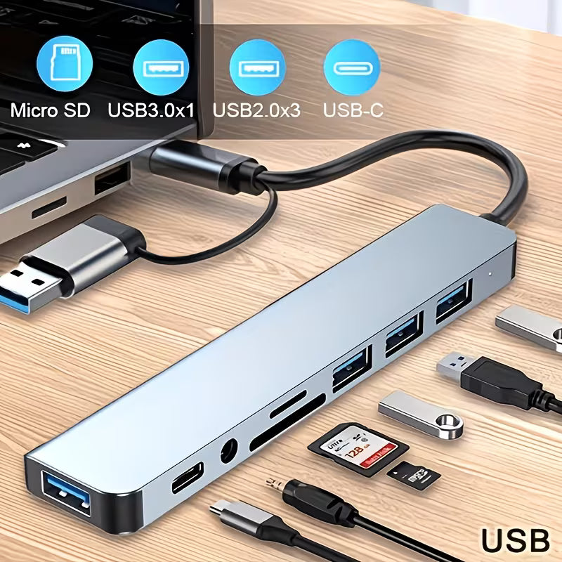 8-in-2 Multi-Function Hub – USB 3.0, Type-C & SD Card Reader with Audio Jack